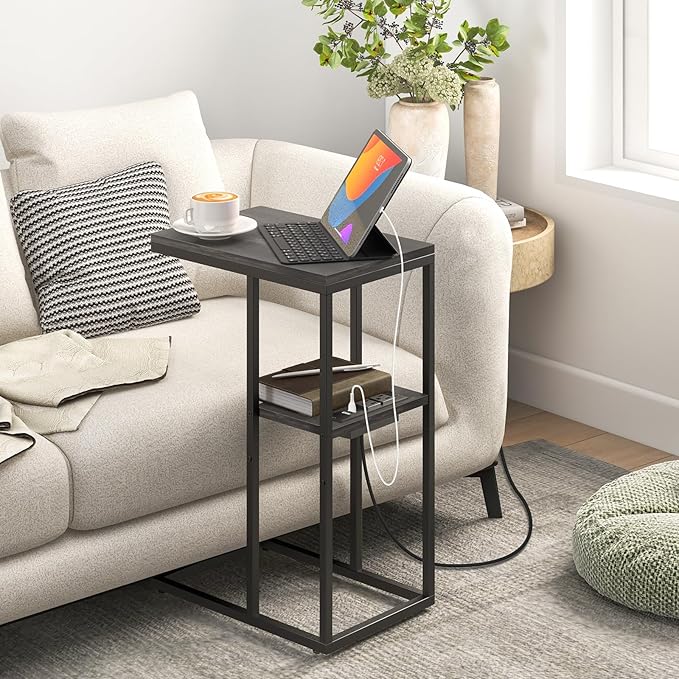 Yoobure C Shaped End Table with Charging Station for Living Room, Bedroom, Sofa Table with USB Ports and Outlets for Small Spaces, C Couch Rustic Snack Bed Table, Charcoal Gray