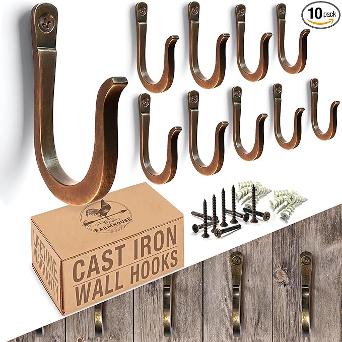 Antique Bronze Railroad Spike Cast Iron Hooks (10 Pack) Handmade Blacksmith, Wall Mounted Decorative Hooks, PowderCoated for Interior or Exterior Use, Rust Proof for Hanging Coats, Bags or Pots