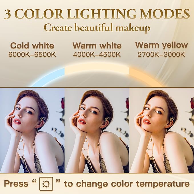 Vanity Mirror with Lights, 32" x 22" Large Lighted Vanity Mirror with Dimmable 3 Modes, LED Makeup Mirror, 10X Magnification, USB Charging Port, Tabletop or Wall-Mounted Square Gold