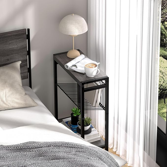 End Table for Small Space, 3-Tier Narrow Side Table with Magazine Holder,Slim Nightstand, Skinny Snack Couch Table in Living Room, Bedroom Study and Balcony (Grey)