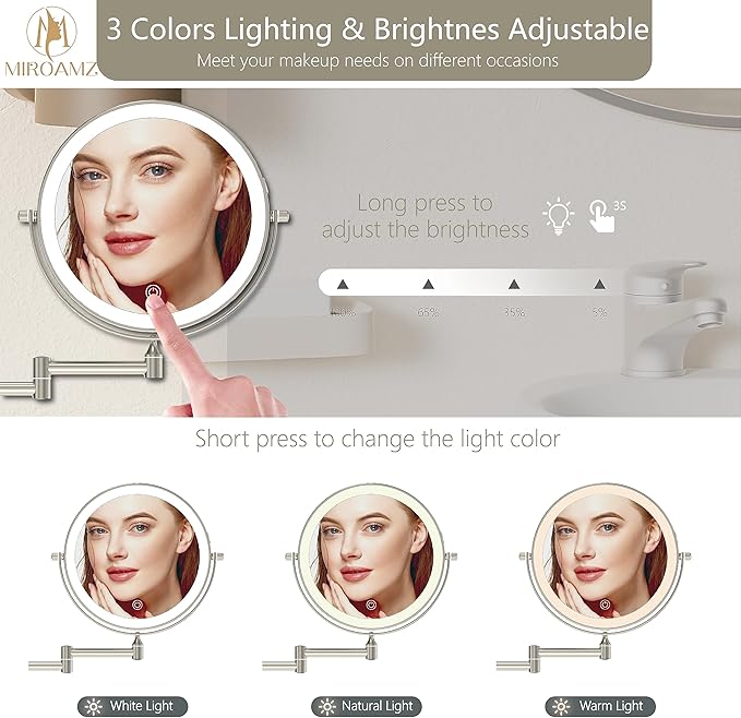 Rechargeable Wall Mounted Lighted Makeup Vanity Mirror 8 Inch Double Sided 1X 10X Magnifying Bathroom Mirror, 3 Color Lighting, Touch Screen, 360 Rotation, Shaving Mirror Brushed Nickel