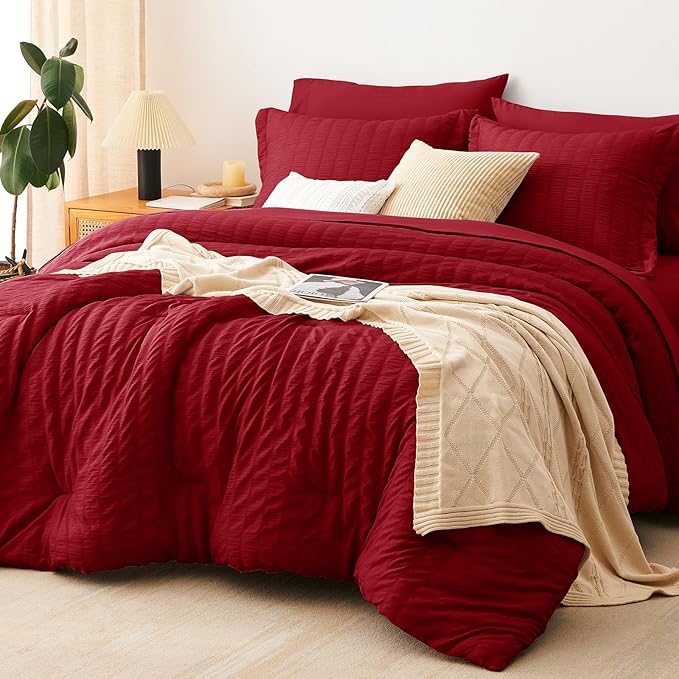 CozyLux Full Size Comforter Sets with Sheets Seersucker 7 Pieces Dark Red Bed in a Bag Textured Luxury Soft Bedding Set with Down Alternative Comforter, Sheets, Pillowcases & Shams for All Seasons