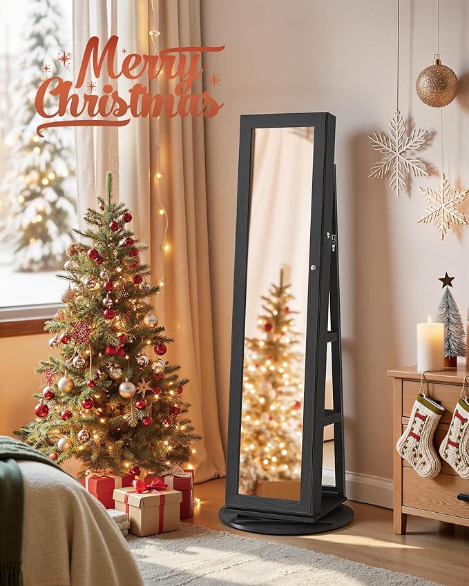 SONGMICS 360° Swivel Jewelry Cabinet, Lockable Jewelry Organizer with Full-Length Mirror, Rear Storage Shelves, Interior Mirror, Jewelry Armoire, Christmas Gifts for Women, Gift Idea, Black UJJC006B01