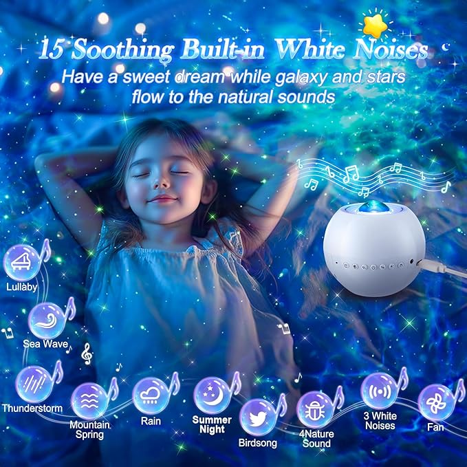 Star Projector Galaxy Light, 15 Colors+15 White Noises Galaxy Projector for Bedroom Adults Ceiling Projector Kids, Bluetooth Star Projector for Kids Galaxy Lamp, Stars Projector for Ceiling Projector