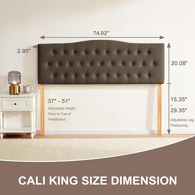Tufted Upholstered Headboard California King, Sturdy and Durable Solid Wood Bed headboard, Fabric Headboard Adjustable Height from 37” to 51”, Button Diamond Design Head Board, Chocolate