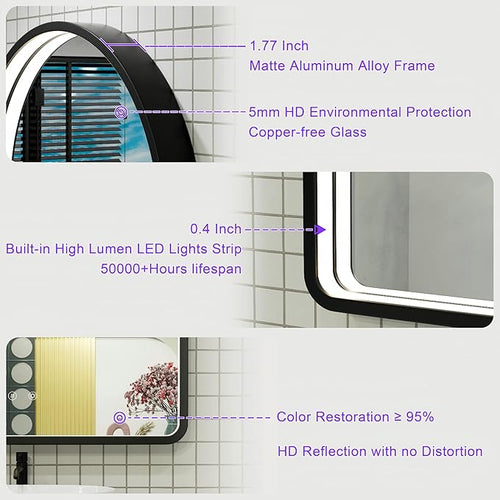 20x30 Inch Arched LED Bathroom Mirror with Lights, Adjustable 3000K/4500K/6000K, Wall Mounted Black Frame Lighted Bathroom Vanity Mirror, Anti-Fog, Dimmable, Memory Function