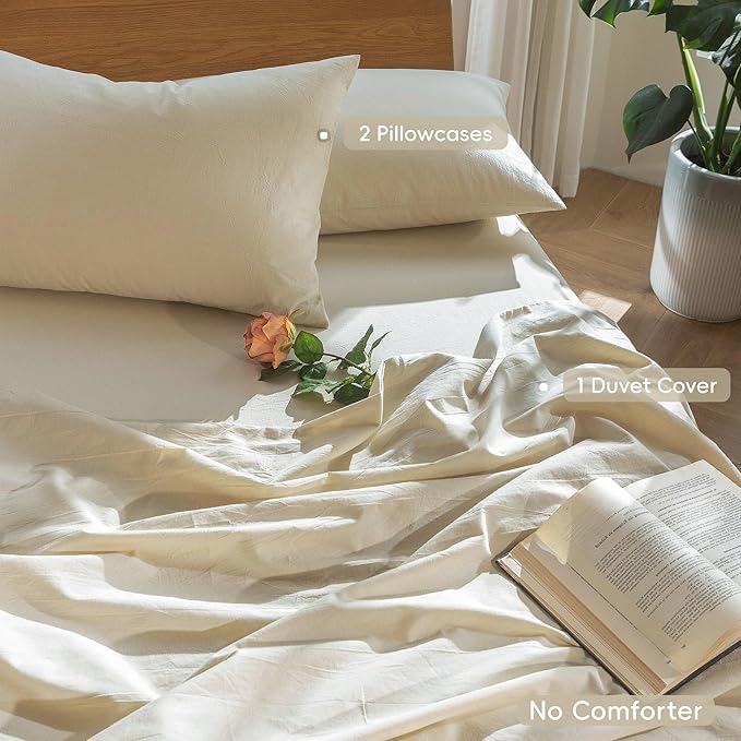 MooMee Bedding Duvet Cover Set 100% Washed Cotton Linen Like Textured Breathable Durable Soft Comfy (Heathered Almond Milk Grey, Super Queen 90"x98")