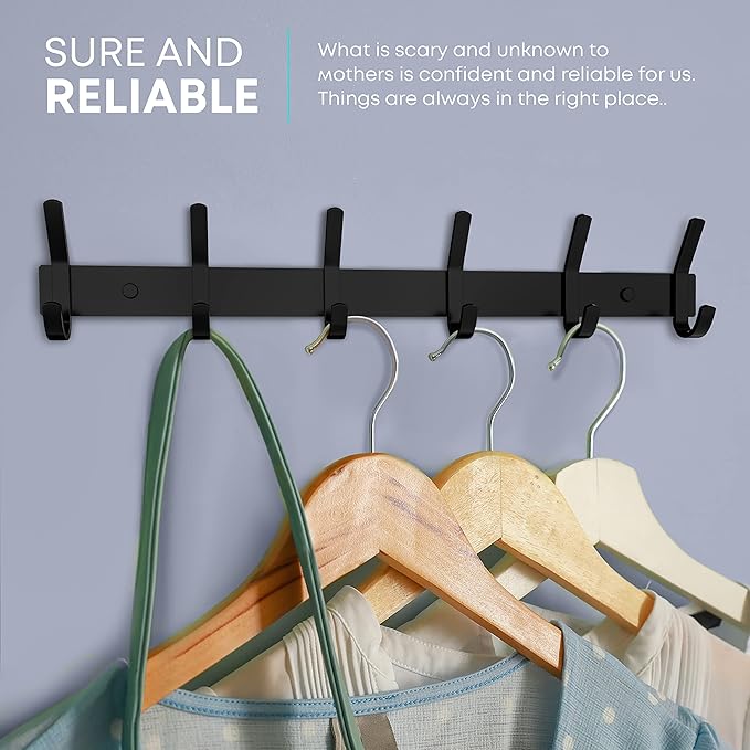 Matte Black Coat Rack Wall Mount – 17 Inch Stainless Steel Hook Rail with 6 Double Coat Hooks – Wall Mounted Entryway Organizer for Coats, Hats, Bags, Towels, Robes, Closet or Bathroom - 3 Pack