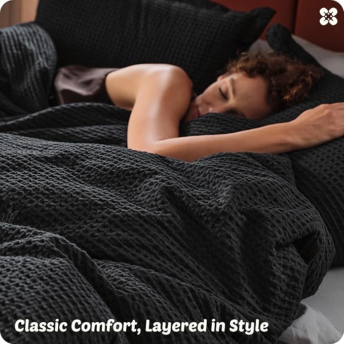 Bedsure Cotton Duvet Cover Set - 100% Cotton Waffle Weave Black Duvet Cover Oversized King Size, GentleSoft™ and Breathable Bedding Set for All Season, 3 Pieces, 120"x98"