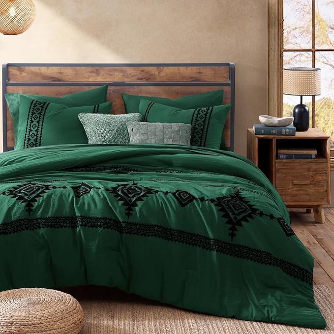 MaiRêve Embroidery Full Size Comforter Set Emerald Green, Farmhouse Western Boho Bedding Set 7 Pieces, All Season Bed in A Bag Comforter Set with Sheets, Pillowcases & Shams