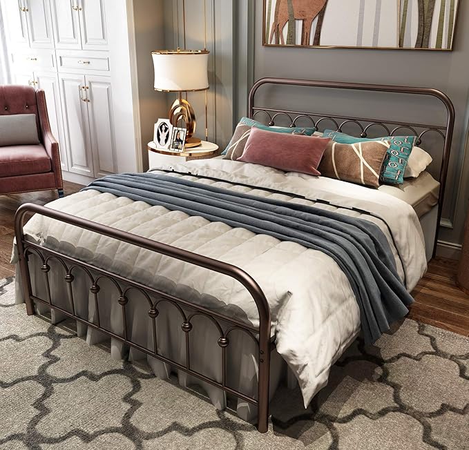 TUSEER Metal Bed Frame Full Size with Vintage Headboard and Footboard Platform Base Wrought Iron Double Bed Frame (Antique Brown,Full).