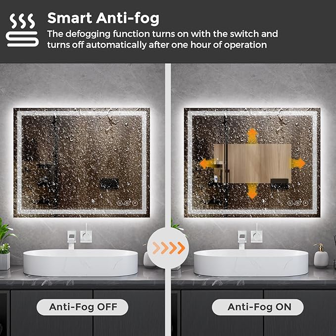 Koonmi 30x36 LED Bathroom Mirror, Backlit + Front Lit, LED Bathroom Mirror with Lights for Wall, 3 Colors, Anti-Fog, Dimmable Brightness, Memory Function, Tempered Glass