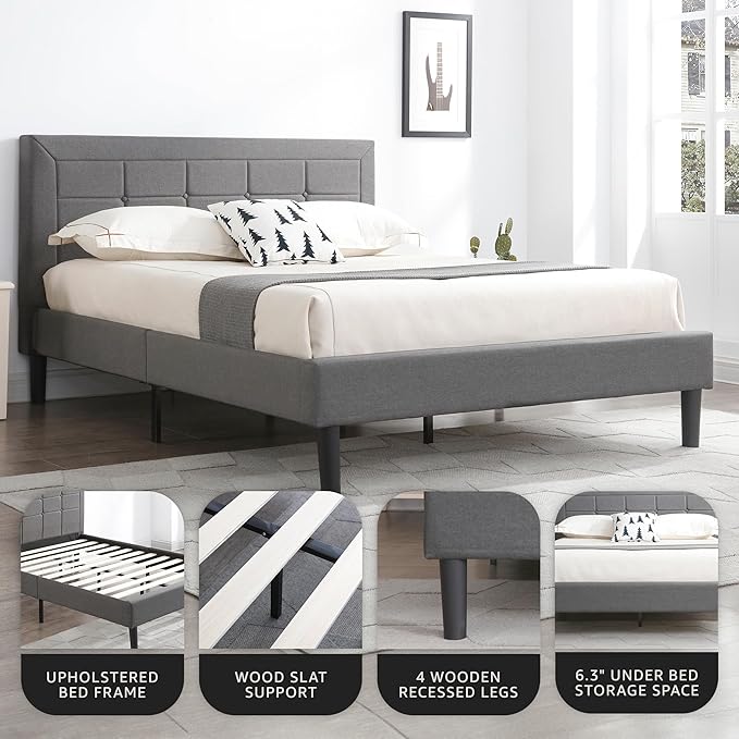 Decoro Mornington Upholstered 2.0 Platform Bed, Button-Tufted Fabric Headboard and Metal Frame with Wood Slat Support, Light Grey, King