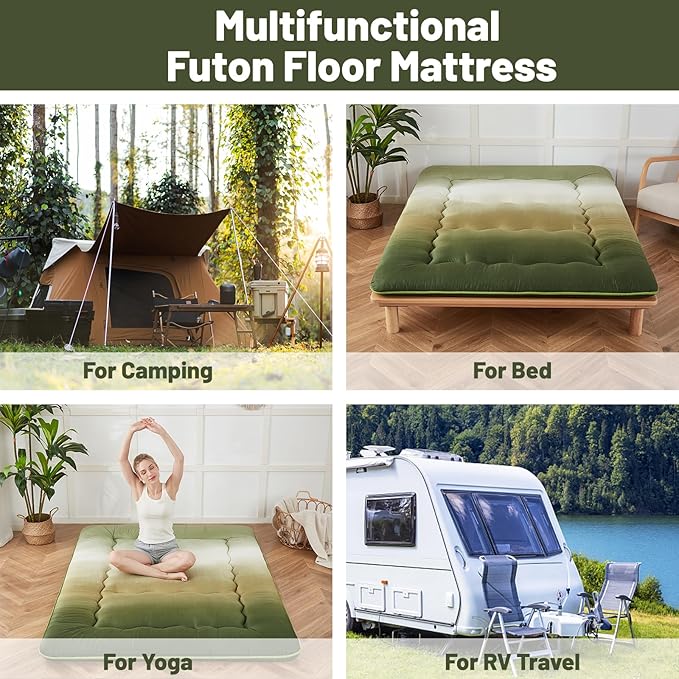 Japanese Floor Mattress, Futon Mattress with Portable Storage Bag and Washable Cover, Roll Up Thick Tatami Mat Suitable for Camping, Guest Room (Forest Gradient, Queen)