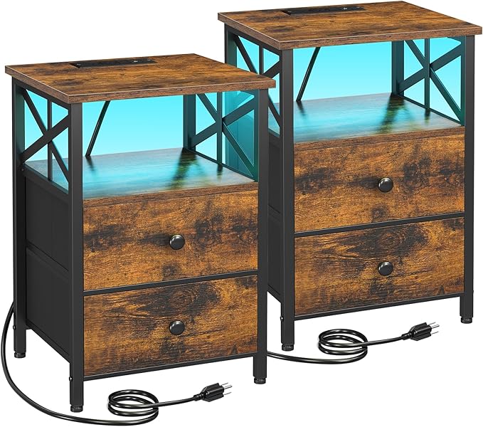 AMHANCIBLE Night Stand Set 2, LED Nightstand with Charging Station, End Tables Living Room with Fabric Drawers, Bedside Table for Bedroom, Rustic Brown, HET052LBR