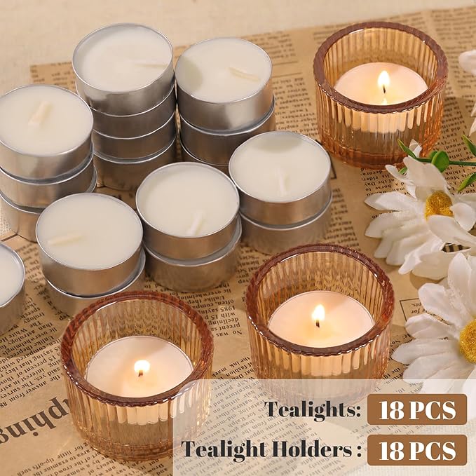 18 pcs Gold Tealight Candle Holders with 18PCS Tealights, Glass Votive Candle Holders Set for Table Centerpiece, Home Decor and Party Supplies