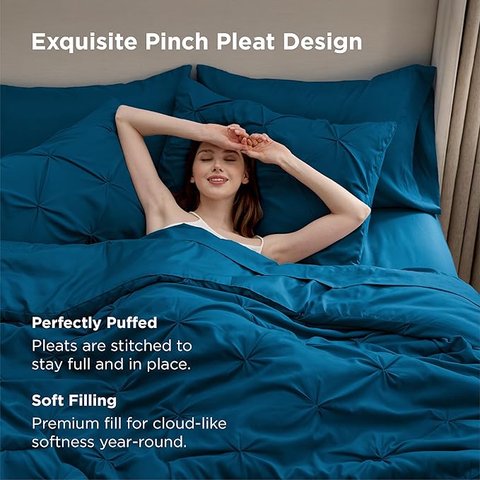 Bedsure Twin Comforter Set Teal - Bed in a Bag Twin Size Bedding 5 Pieces, GentleSoft™ Pintuck Bed Set Gift for Family, Pinch Pleat Teal Comforter with Sheets, Pillowcase & Sham