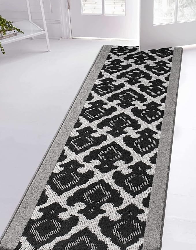 Custom Length Cut to Size Fleur de Lis Inspired Carpet Runner Rug for Hallways, Non Slip Rubber Backed, 31 inch Wide X Customized Length, Royal Grey, 31 inch X 6 feet