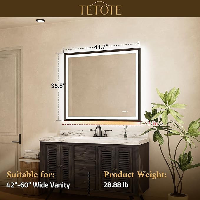 TETOTE Gold LED Bathroom Mirror with Lights 42x36 Front & Back Light Vanity Framed Mirror Baroque Anti Fog Dimmable White/Warm/Natural,CRI90+,Waterproof,Wall Mounted(Horizontal/Vertical)