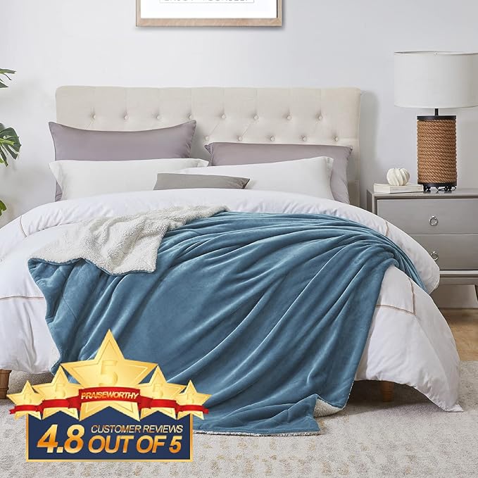 Walensee Sherpa Fleece Blanket (Twin Size 60”x80” Slate Blue) Plush Throw Fuzzy Super Soft Reversible Microfiber Flannel Blankets for Couch, Bed, Sofa Ultra Luxurious Warm and Cozy for All Seasons