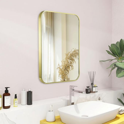 18"x24" Brushed French Gold Mirror for Wall, Bright Gold Rounded Rectangle Mirror with Metal Frame Hanging for Bathroom Entryway Vanity,Living Room,Bedroom,Vertical or Horizontal