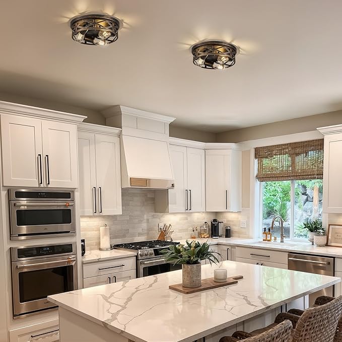 VONLUCE Flush Mount Ceiling Lights, 3-Light Hallway Ceiling Lighting Fixtures, 13 inch Farmhouse Metal Cage Ceiling Lights for Entryway Kitchen, Adjustable Lamp Holders, 2 pcs, Oil-Rubbed Bronze