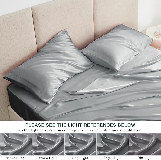 Love's cabin Satin Queen Sheets Set - 4 Piece Silver Silky Bed Sheets with Deep Pocket, Luxury Silk Feel Satin Queen Size Sheet Set (1 Flat Sheet,1 Fitted Sheet,2 Pillow Cases)