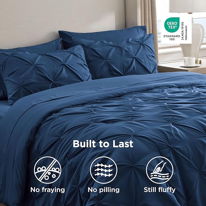 Bedsure Full Size Comforter Sets - Bedding Sets Full 7 Pieces, Pintuck Bed in a Bag Navy Blue Bed Set with Comforter, Sheets, Pillowcases & Shams