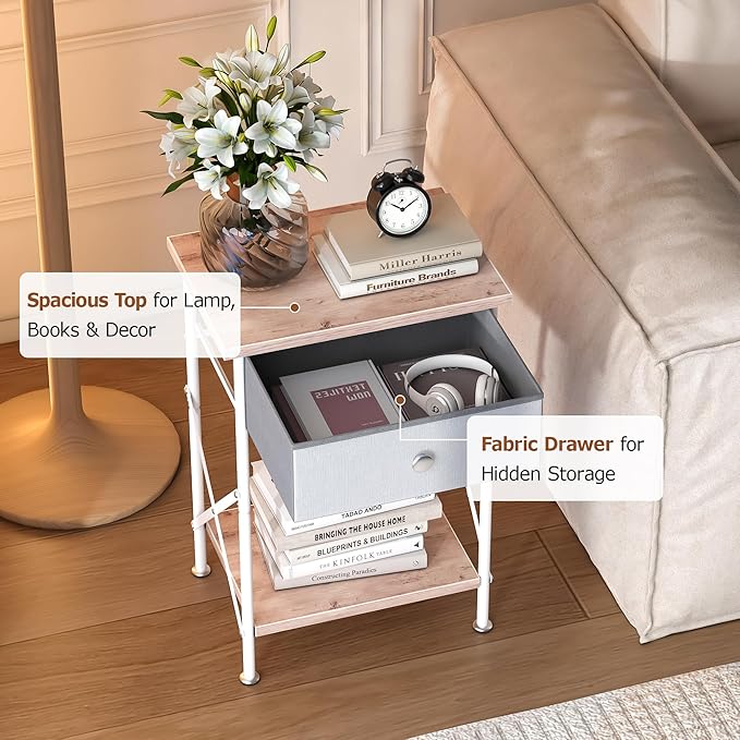 VECELO Nightstand with Drawer, Set of 2, Small Bedside Table with Storage and Adjustable Metal Legs, Wood End Table for Bedroom or Living Room, Perfect for Small Spaces and Modern Décor, Light Brown