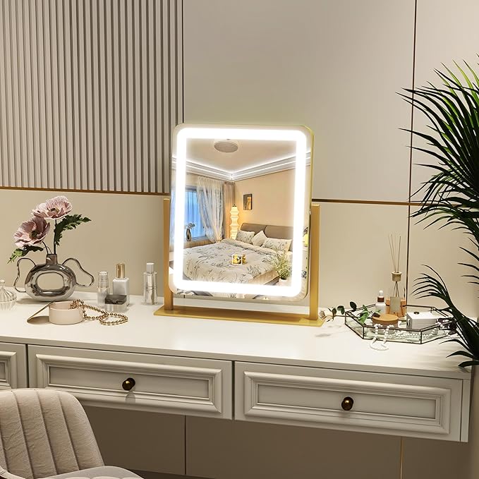 Vanity Mirror with Lights, 12.6"×15" LED Makeup Mirror, Lighted Makeup Mirror with Lights, Smart Touch Control Dimmable 3 Modes Light, Lighted Up Mirror for Makeup Desk, Gold