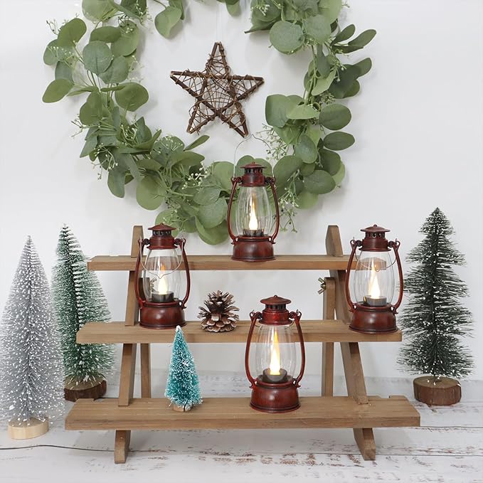 Red Painted Mini Lanterns 6-Pack - LED Flickering Candle Lanterns for Christmas & New Year, Valentine's, Wedding, Halloween & Western Party Decor, Table Centerpieces & Cowgirl Party Supplies