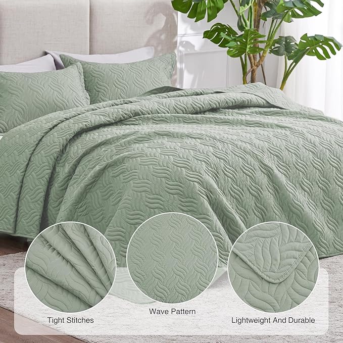 Love's cabin King Size Quilt Bedding Set Sage Bedspreads - Bed Summer Lightweight Bedspread Comforter - Wave Pattern Bedding Coverlet for All Season - 3 Pieces (1 Quilt, 2 Pillow Shams)