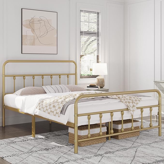 Yaheetech Classic Metal Platform Bed Frame Mattress Foundation with Victorian Style Iron-Art Headboard/Footboard/Under Bed Storage No Box Spring Needed Full Size Antique Gold