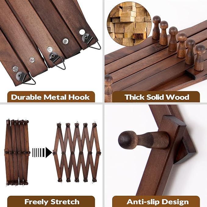 Hat Rack for Wall, Expandable Wall Hat Holder with 16 Hooks, 16 inch Wooden Wall Hook for Baseball Caps,Cowboy, Bag,Hoodie(Brown)