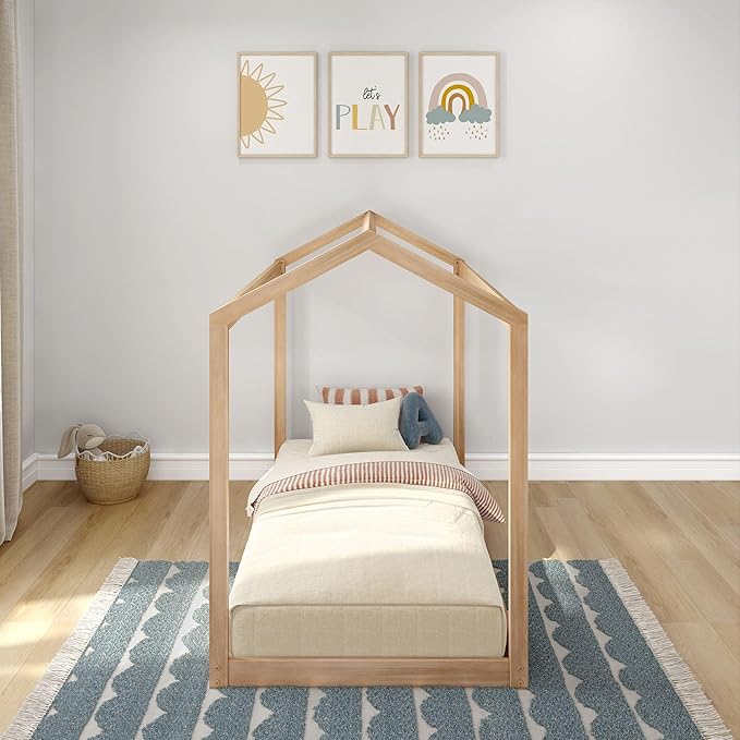 Max & Lily Twin Floor House Bed, Modern Solid Wood Low Bed Frame for Kids, Montessori Floor Bed for Bedroom, Playroom, Wooden Slats, Blonde