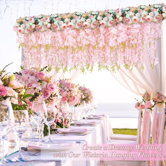 60 Pack Light Pink Wisteria Hanging Flowers, Fake Flowers for Decoration, Artificial Hanging Flowers,Vines for Bedroom,Flower Garland for Home,Party,Garden, Wall,Wedding Decoration(3.6 Ft/Pcs)