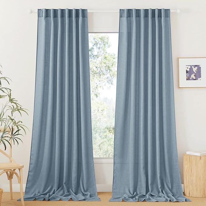RYB HOME Linen Curtains 120 inches Long, Extra Long Floor Sweeping Semi Sheer Curtains Light Filtering Privacy Linen Blend Drapes for Sliding Glass Door Living Room, 52" inches Wide, Dusty Blue