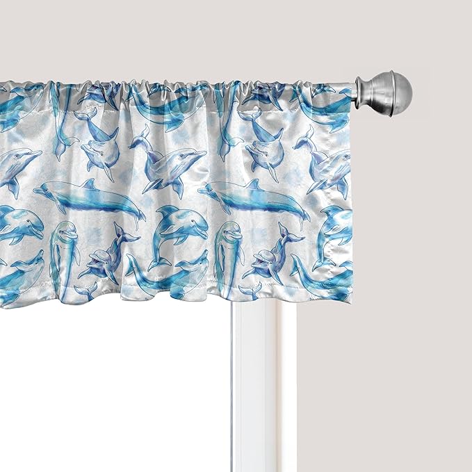 Ambesonne Sea Animals Window Valance, Sketch of Bottlenose Dolphins Playing Laughing in The Ocean Sea Life Print, Curtain Valance for Kitchen Bedroom Decor with Rod Pocket, 42" x 18", Turquoise White