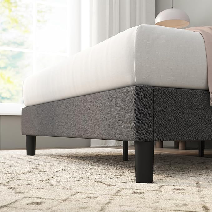 ZINUS Curtis Upholstered Platform Bed Frame, Mattress Foundation, Wood Slat Support, No Box Spring Needed, Eco Friendly WonderBox (TM) Packaging, Dark Grey, Queen