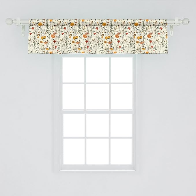 Ambesonne Fall Window Valance Pack of 2, Wild Flowers Illustration Print Vintage Autumnal Theme Farmhouse Vibe, Rod Pocket Curtain Valances for Kitchen Bedroom, 54" X 12", Mustard Orange Sage Green