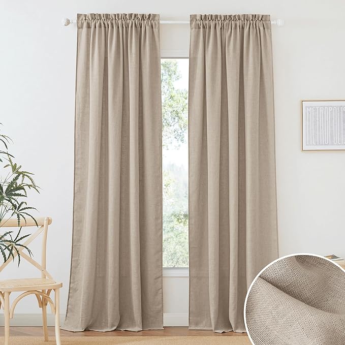 RYB HOME Light Filtering Linen Sheer Curtains, UV Privacy Protected Linen Blend Stain Resistant Burlap Panels for Farmhouse/Living Room/Dining Room, Khaki, Length 84 by Width 52 inch, 2 Panels