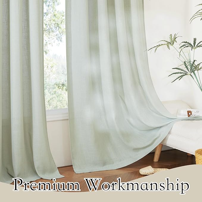 RYB HOME Flax Linen Curtains for Living Room Bedroom, Light Filtering Airy Lightweight Privacy Protected Decor for Sliding Glass Door Home Office, W 52 x L 90 inch, 2 Pcs, Sage Green