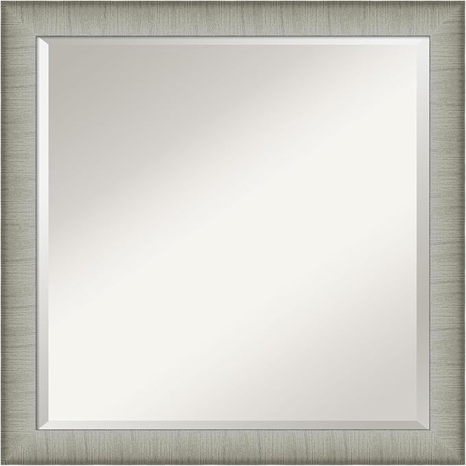 Amanti Art Silver Bathroom Mirror for Over Sink, 23x23 Elegant Brushed Pewter Narrow Square Vanity Mirror, Medium Casual Frame, Hangs Horizonally and Vertically, Bathroom Wall Decor, Beveled Edge