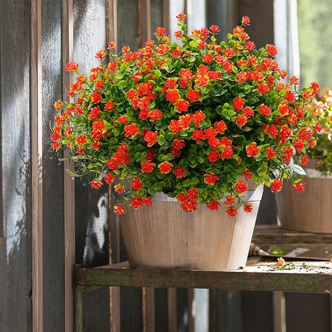 Artificial Mums Fall Flowers for Outdoors Fake Plants, 16 Bundles Faux Eucalyptus Flower Plants UV Resistant No Fade Faux Shrubs Home Garden Thanksgiving Porch Patio Autumn Decoration