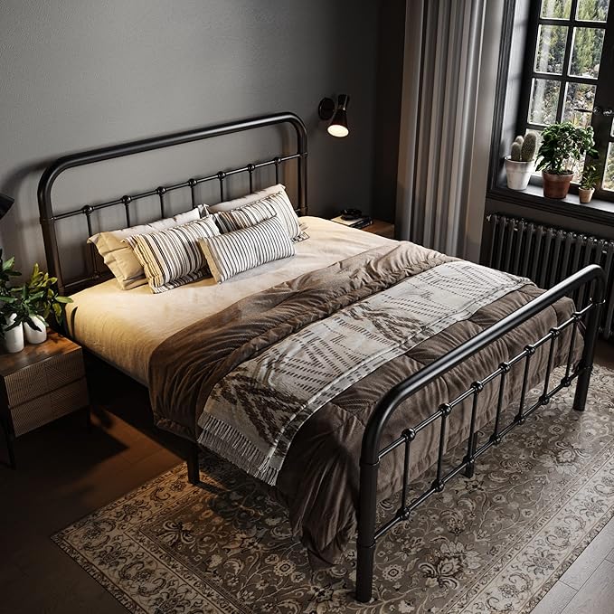 Allewie Full Size Metal Platform Bed Frame with Victorian Style Wrought Iron-Art Headboard/Footboard, No Box Spring Required，Black