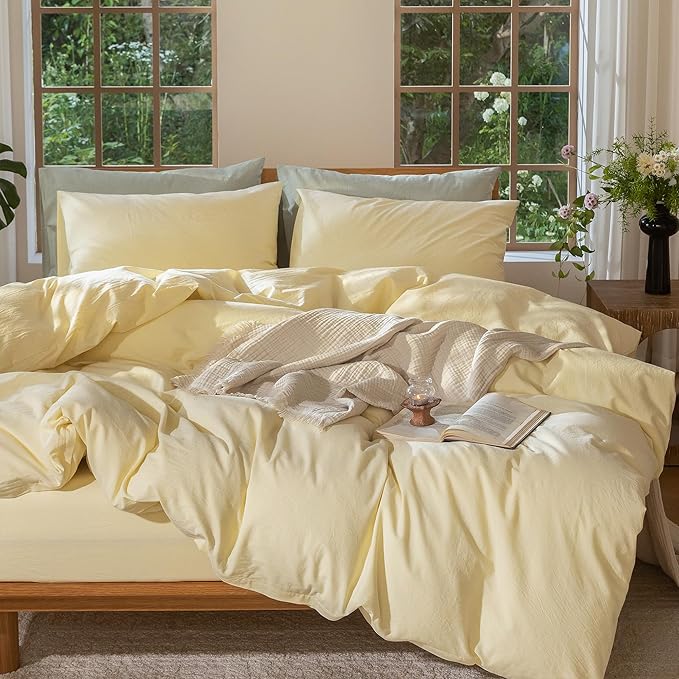 MooMee Bedding Duvet Cover Set 100% Washed Cotton Linen Like Textured Breathable Durable Soft Comfy (Heathered Butter Yellow, Queen 90"x90")