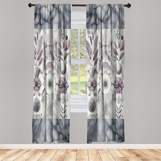 Ambesonne Geometric Floral Window Curtains, Classic Marble Print Ornate Leafy Flowers and Futurist Stripes, Lightweight Decor 2-Panel Set with Rod Pocket, Pair of - 28" x 63", Ceil Blue Laurel Green