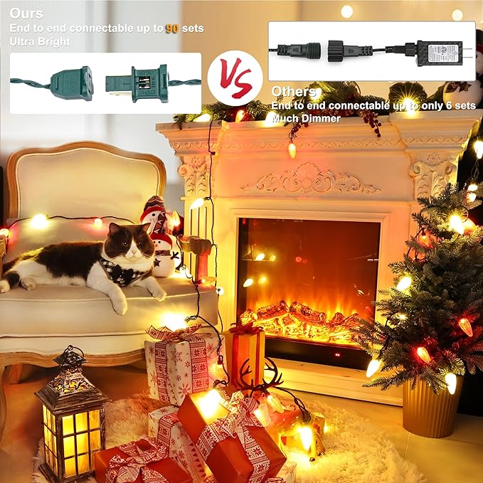 Brizled Red & Warm White Christmas Lights, 66ft 100 LED C9 Christmas Lights, Connectable Outdoor Faceted Strawberry Light String, 120V UL Certified Indoor Xmas Tree Light for Home Holiday Party Decor