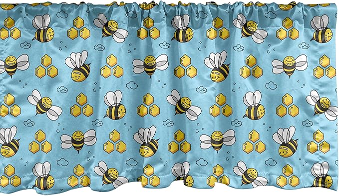 Ambesonne Cartoon Window Valance, Summer Style Funny Demonstration of Happy Flying Characters and Hexagon Comb, Curtain Valance for Kitchen Bedroom Decor with Rod Pocket, 42" x 18", Sky Blue Mustard