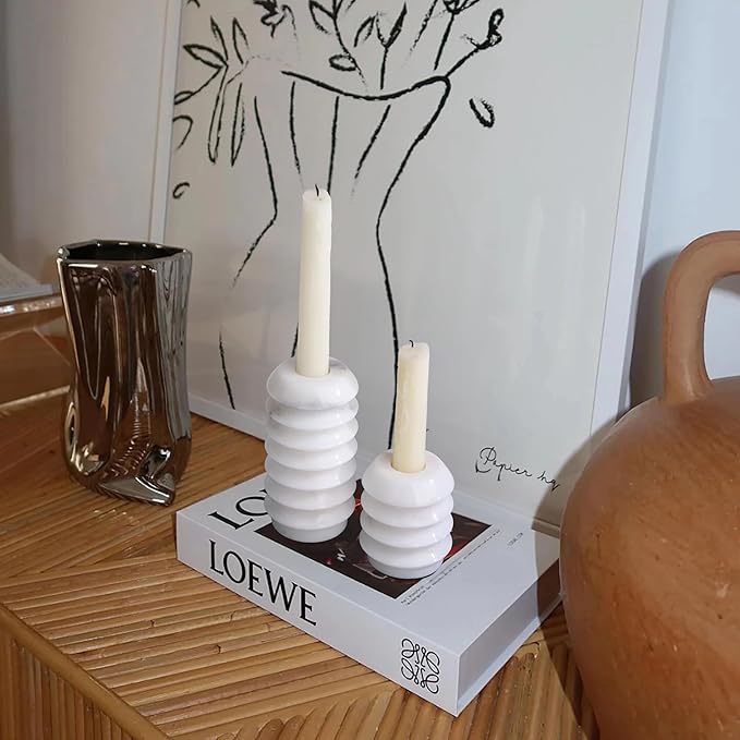 HofferRuffer Marble Candlestick Holders, Set of 2 Natural Stone Candle Holder Decorative Candle Stands for Wedding, Dinning, Party, Table Centerpieces, Fits 3/4'' Thick Candles (MarbleWhite)